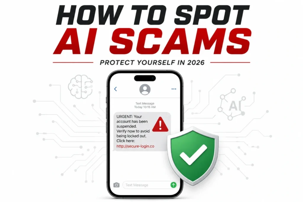 How to spot AI scams 2026 phone with fake text and shield graphic