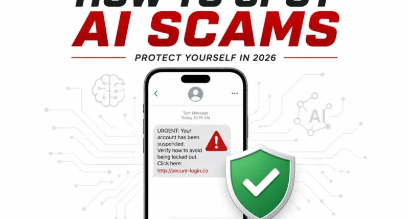 How to spot AI scams 2026 phone with fake text and shield graphic