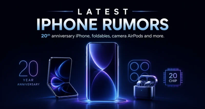 Latest iPhone rumors 2026 to 2027, 20th anniversary iPhone, foldable and camera AirPods, featured illustration
