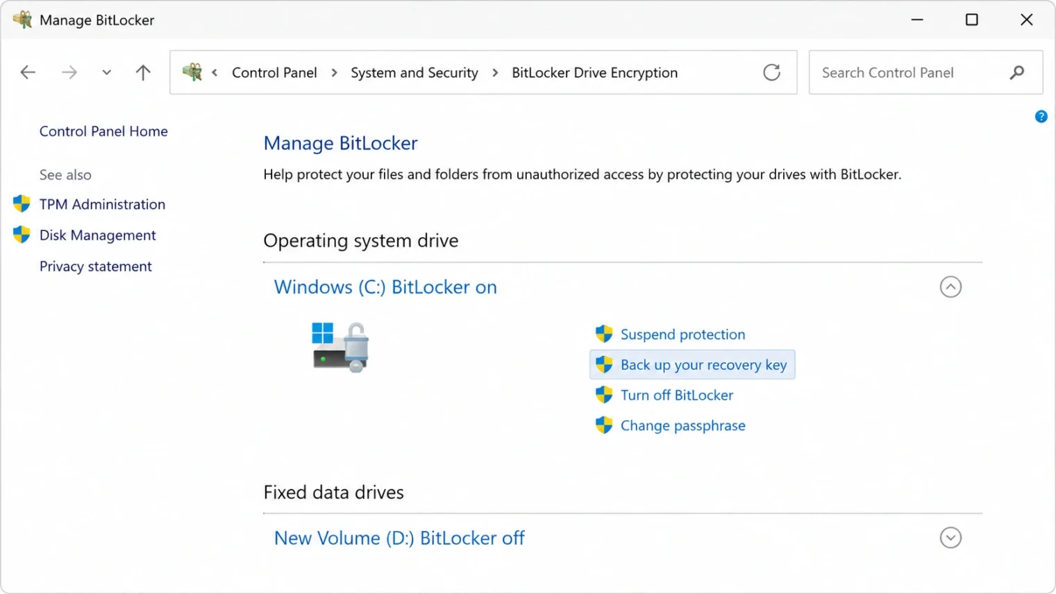 Manage BitLocker control panel in Windows 11 with the Back up your recovery key option highlighted