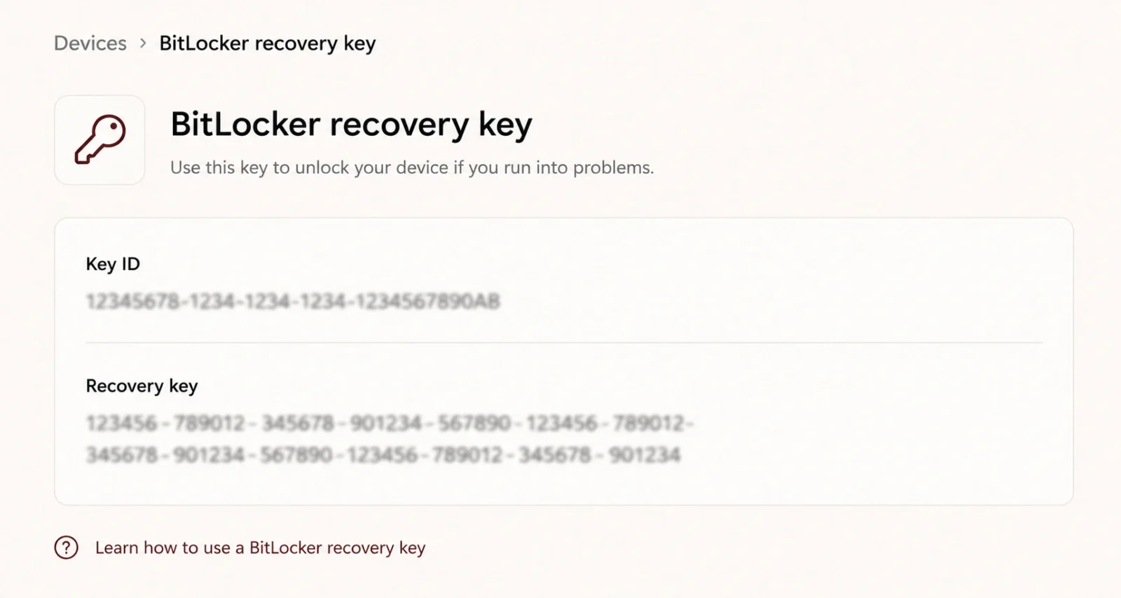 Microsoft account online showing BitLocker recovery keys for a Windows 11 device
