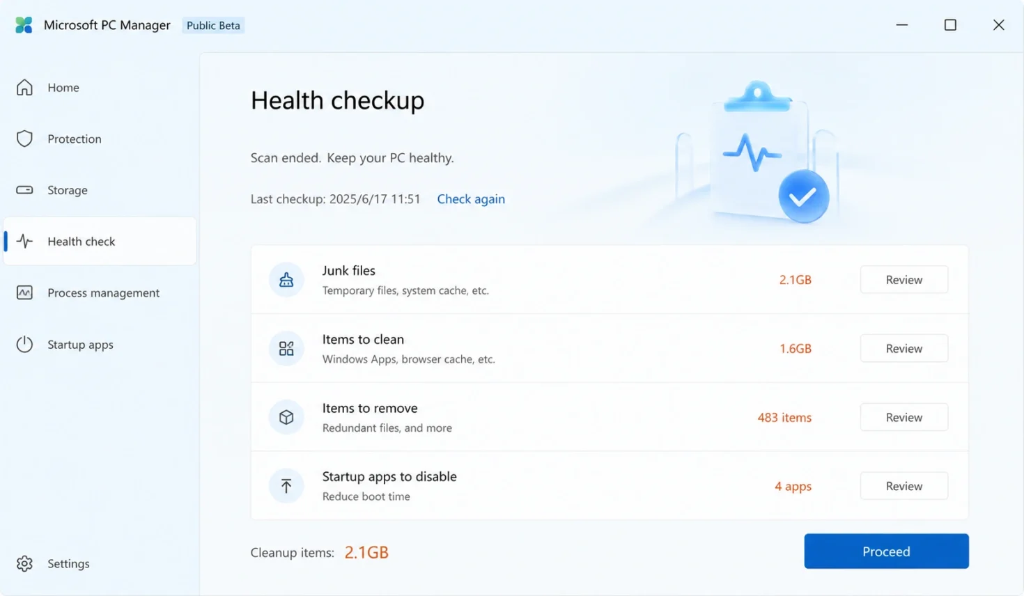Microsoft PC Manager Health Checkup scan results screen