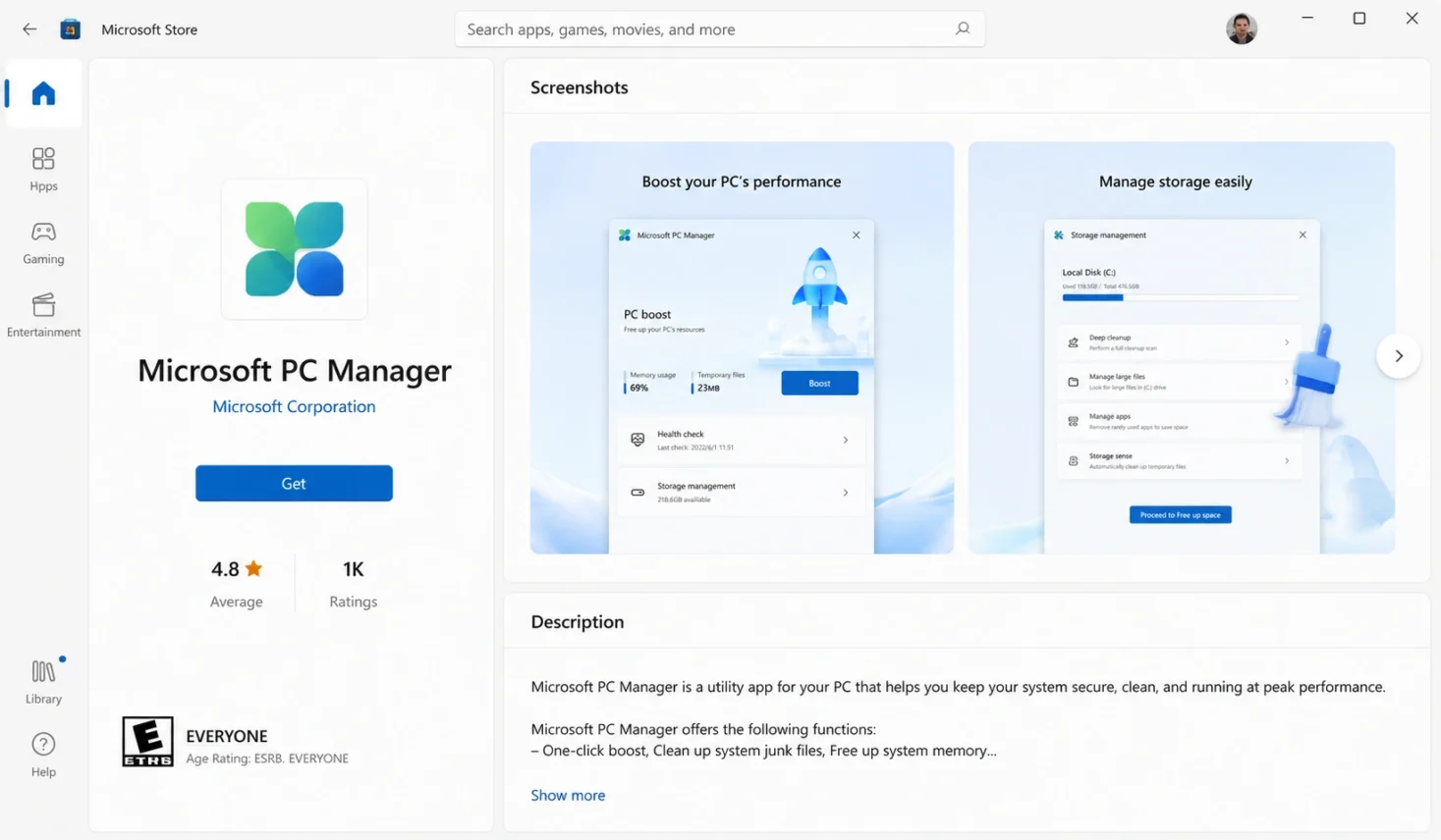 Microsoft PC Manager install page in the Microsoft Store
