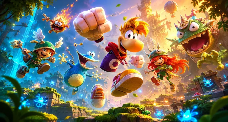 Rayman Legends Retold key art showing Rayman and the main characters in the new 3D style