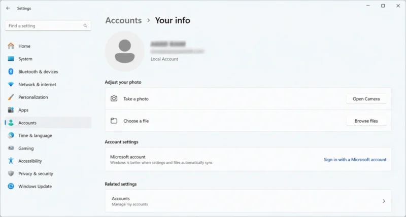Windows 11 Accounts settings screen showing the option to sign in with a local account instead
