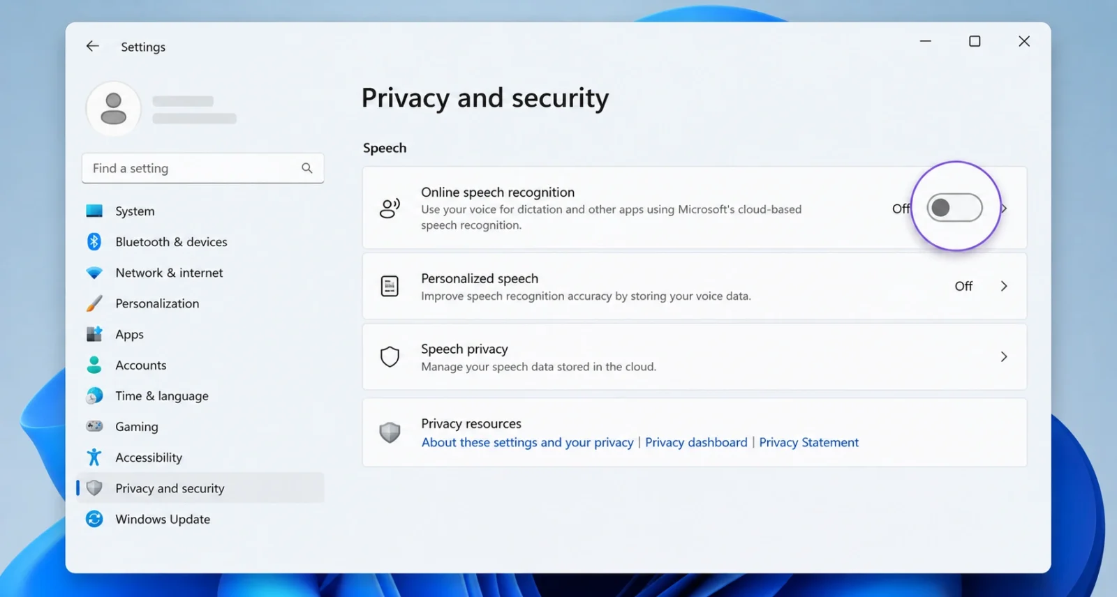 Windows 11 Privacy and security settings showing speech and typing personalization turned off