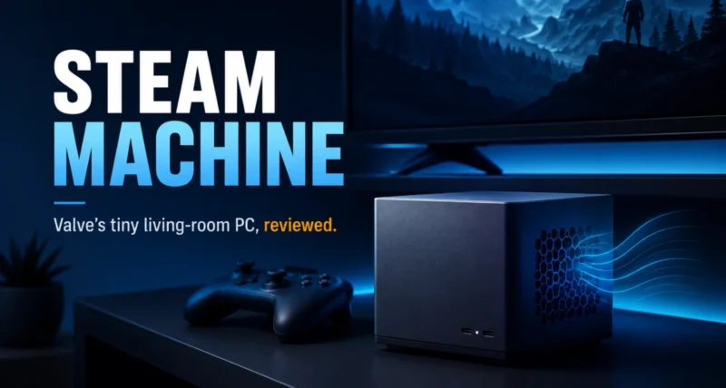 Valve Steam Machine 2026 review, a tiny living room gaming PC, featured illustration