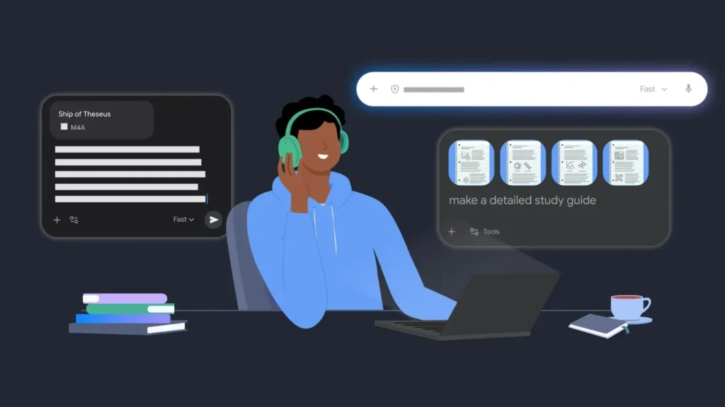 How to study for exams with Google AI tools, a calm focused student at a desk