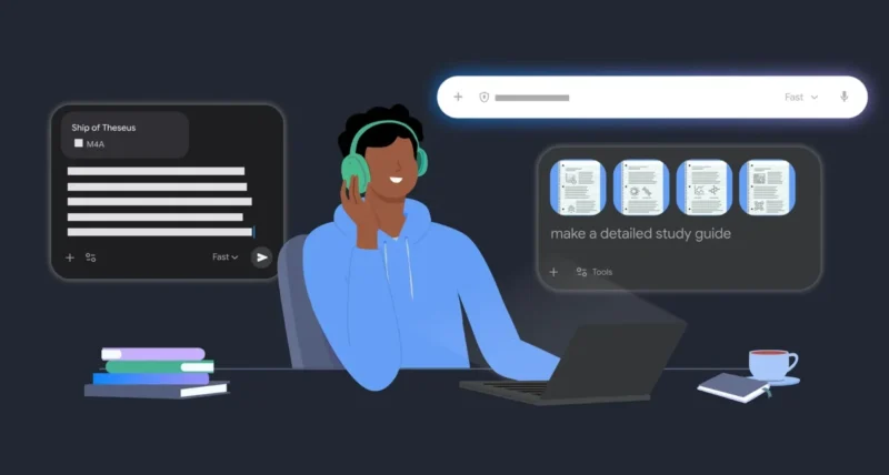 How to study for exams with Google AI tools, a calm focused student at a desk