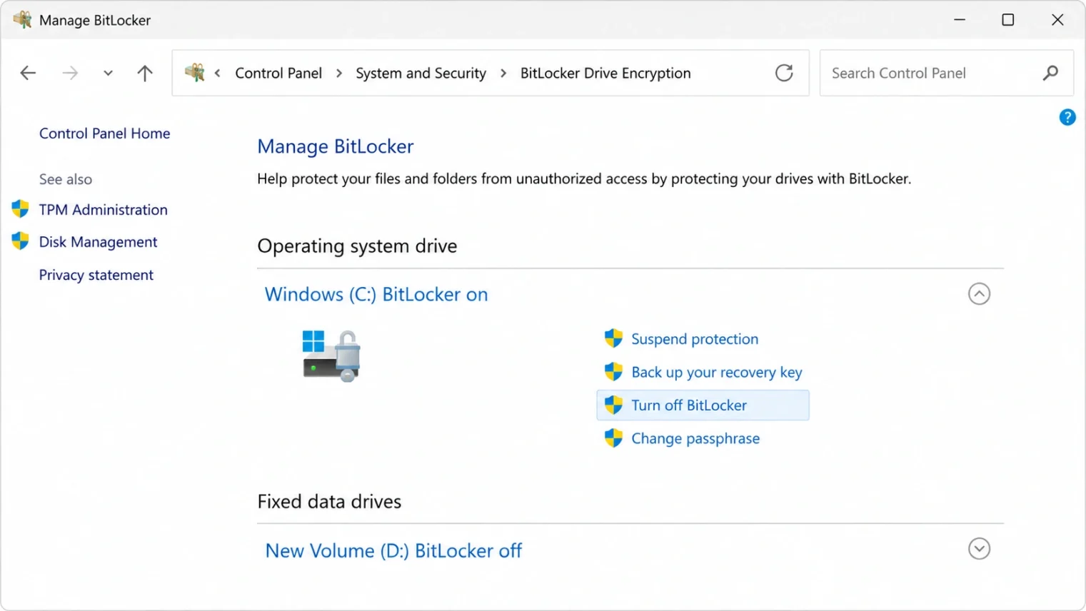 Turning off BitLocker or Device Encryption in Windows 11 Settings