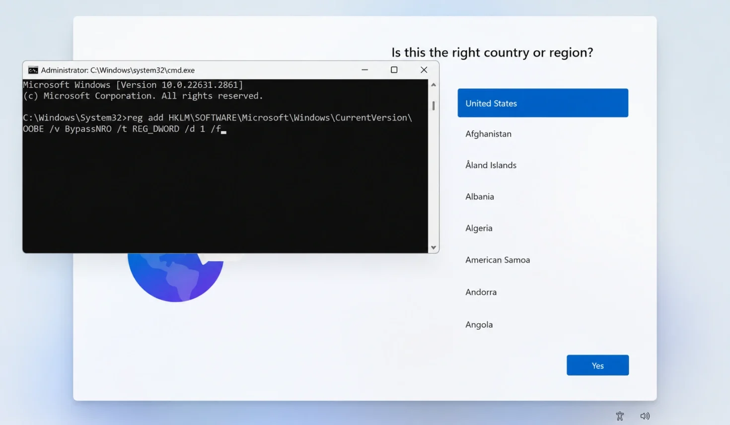 Windows 11 OOBE command prompt showing the BypassNRO registry command during setup