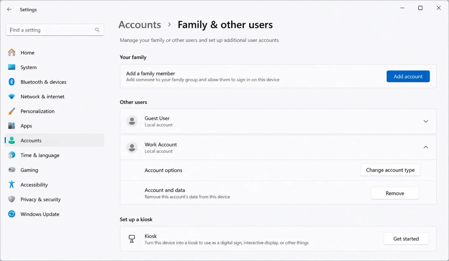 Windows 11 Family and other users settings with an account expanded and the Remove button visible