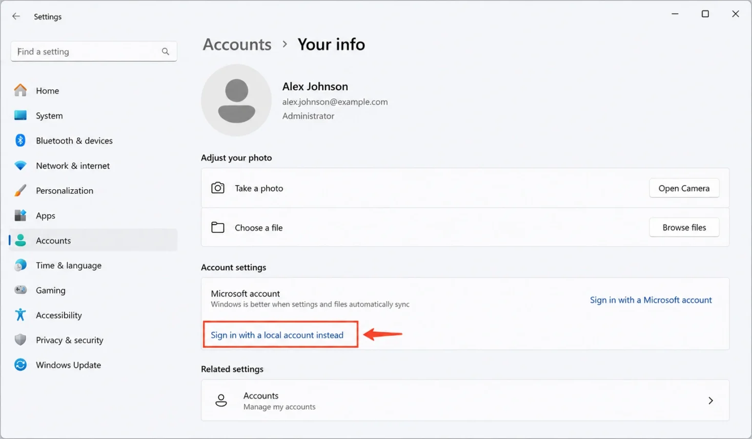 Windows 11 Settings Your info page showing the Sign in with a local account instead option