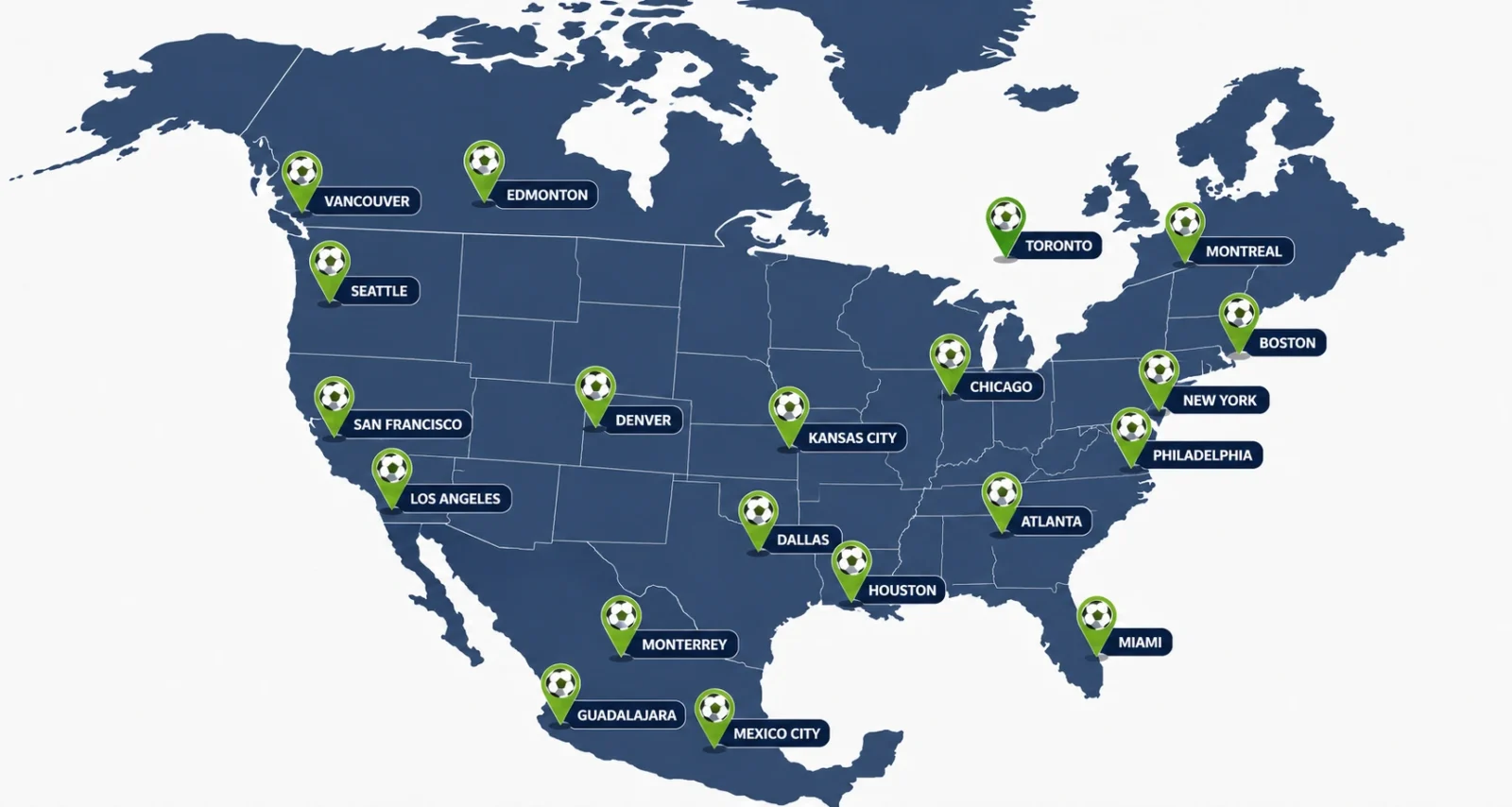 Map of the 16 World Cup 2026 host cities across the USA, Canada, and Mexico