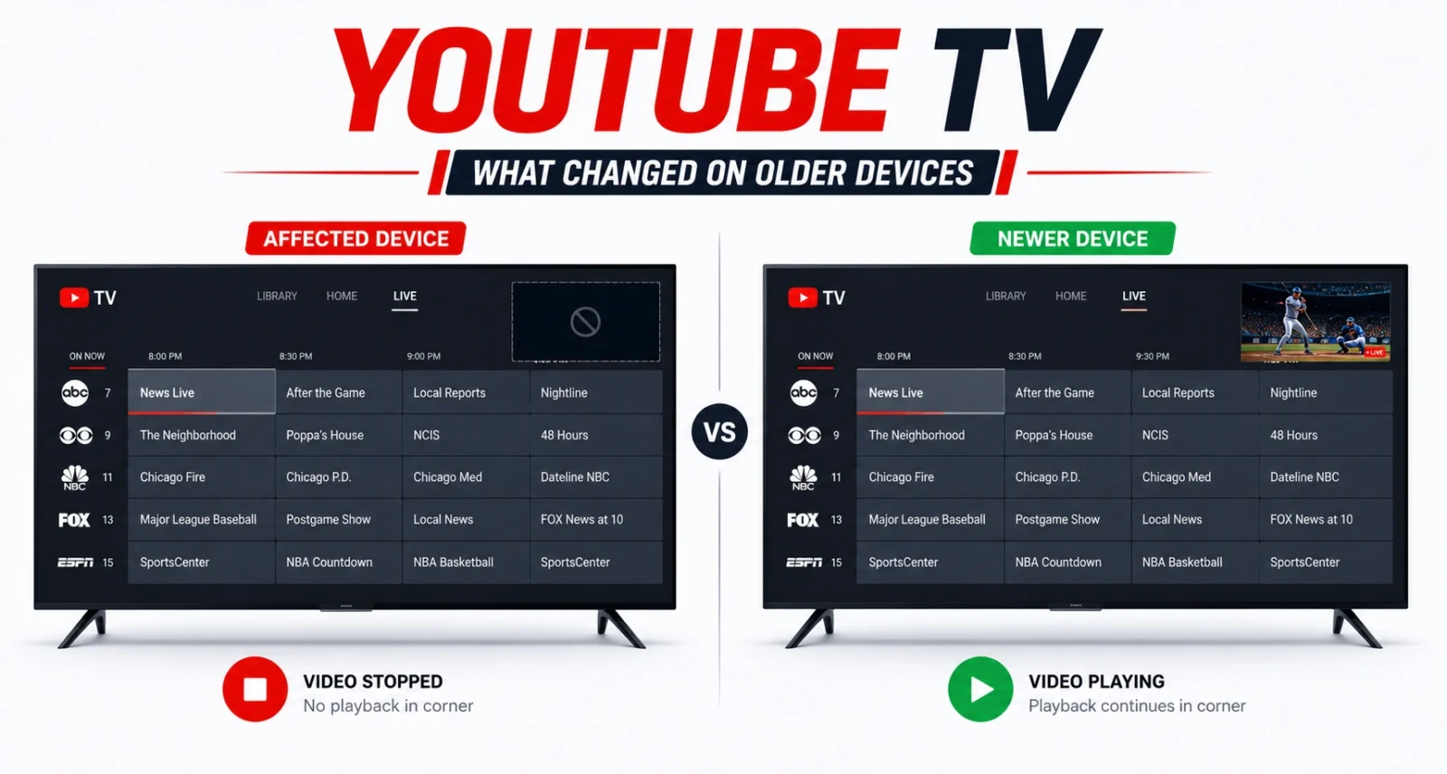 YouTube TV Live Guide showing background playback stopped on an older device