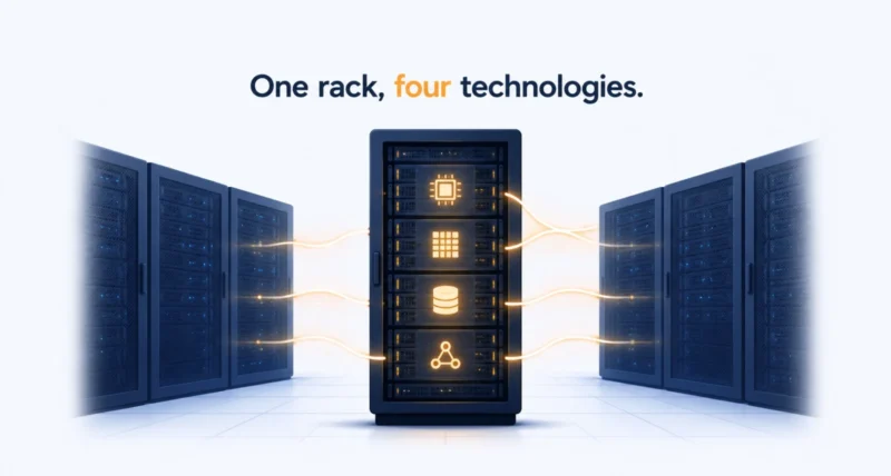 AMD Helios rack-scale AI system illustrated in a data center aisle