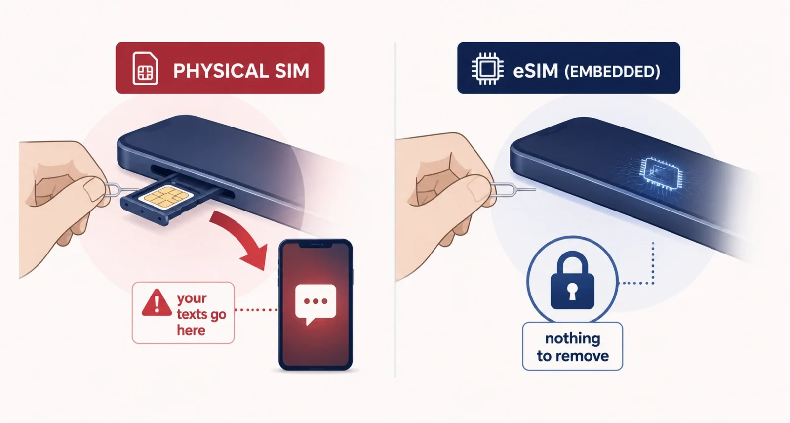 eSIM vs physical SIM security, a thief cannot eject an embedded chip
