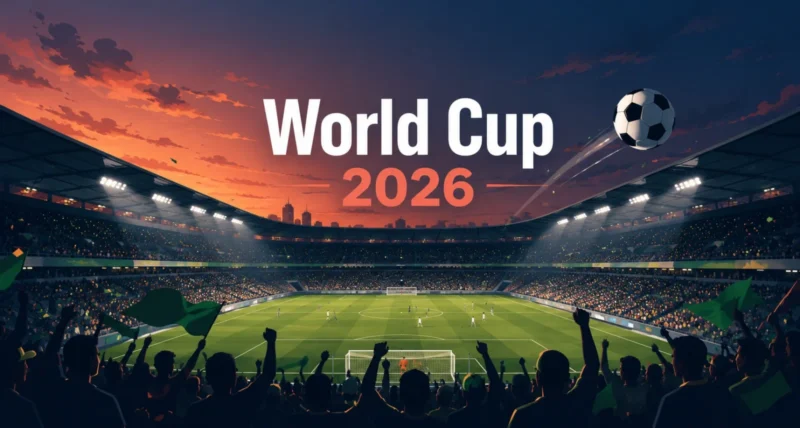 FIFA World Cup 2026 updates shown as a packed stadium during the knockout stage