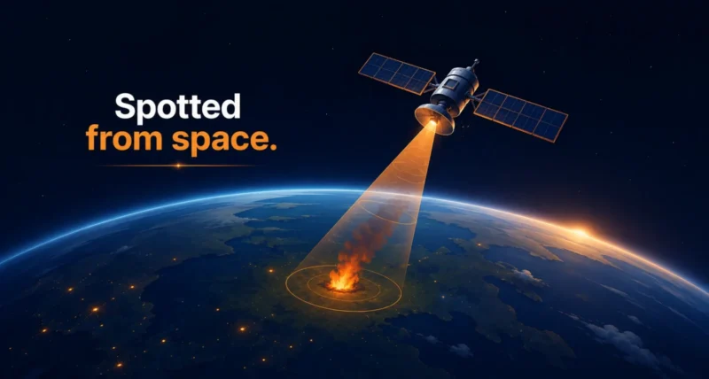 FireSat satellites detecting a small wildfire from space
