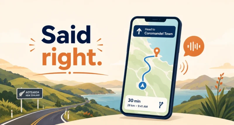 Google Maps Māori voice guiding navigation across a New Zealand landscape