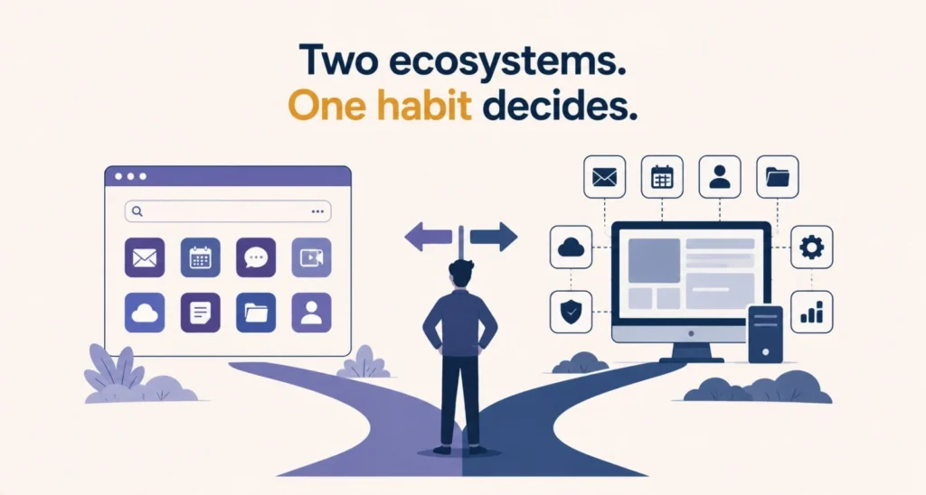 Google Workspace vs Microsoft 365 shown as a choice between browser and desktop ecosystems
