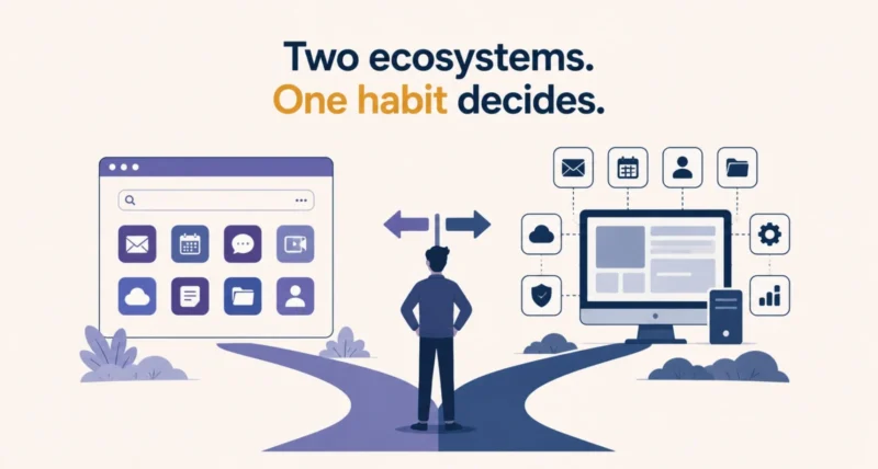 Google Workspace vs Microsoft 365 shown as a choice between browser and desktop ecosystems