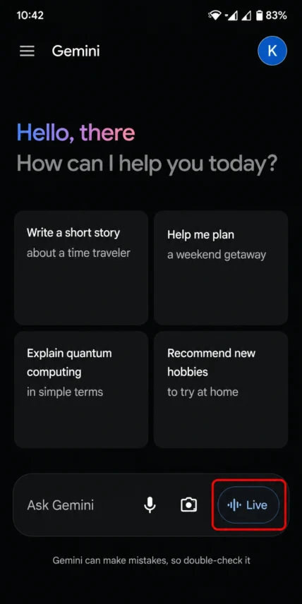 Where to tap Live in the Gemini app when learning how to use Gemini Live