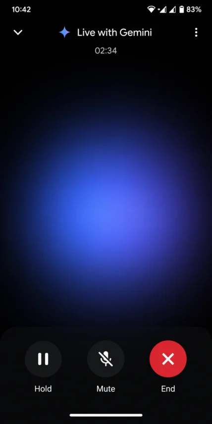 Hold, Mute and End controls in an active Gemini Live session