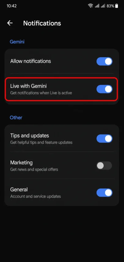 Live with Gemini notification setting enabled for screen sharing