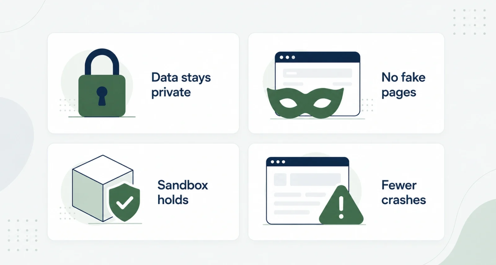 Four categories of Safari 26.6 fixes: private data, no fake pages, sandbox protection, and fewer crashes