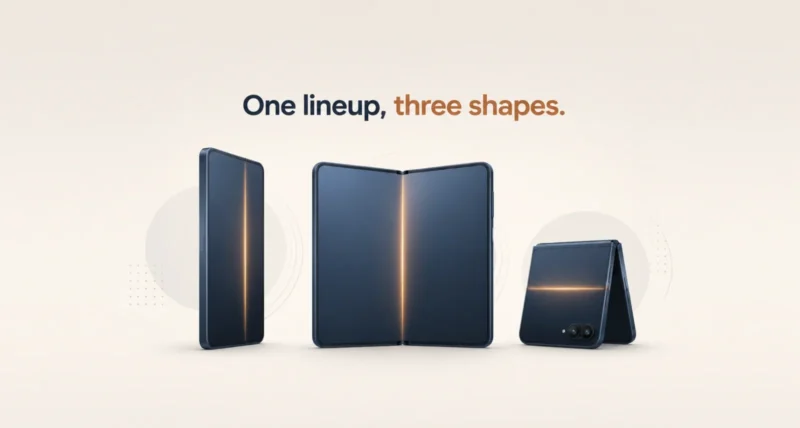Samsung Galaxy Z Fold8 Fold8 Ultra and Flip8 shown as three foldable phone silhouettes