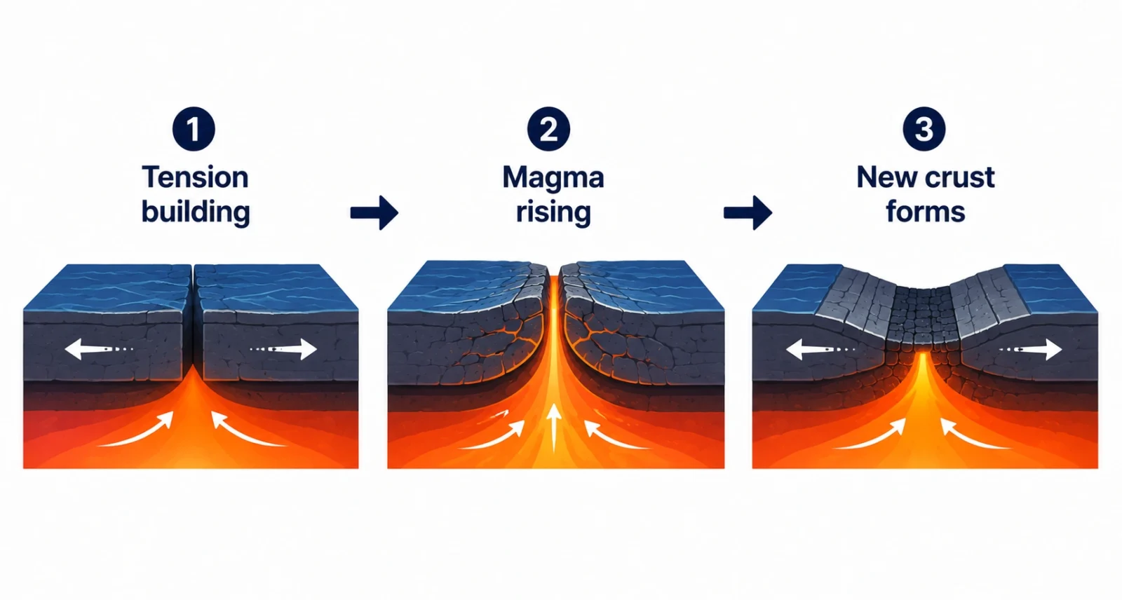 How the seafloor spreading event built new oceanic crust, step by step