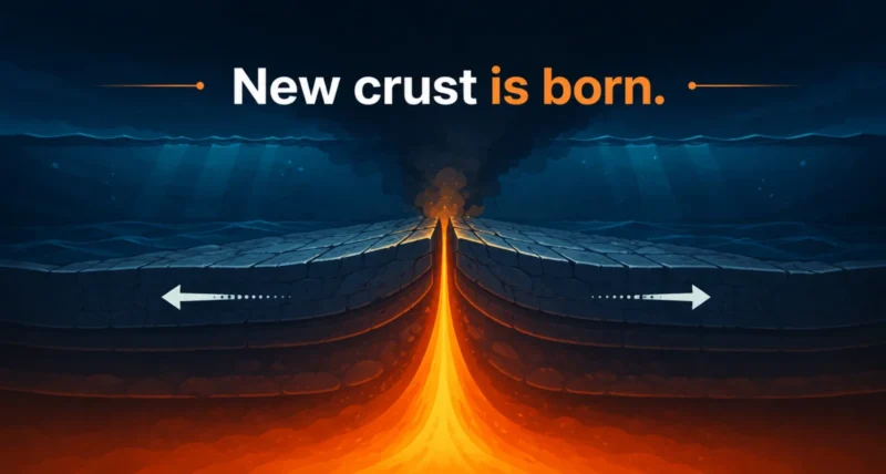 Seafloor spreading forms new oceanic crust as magma rises at a mid-ocean ridge