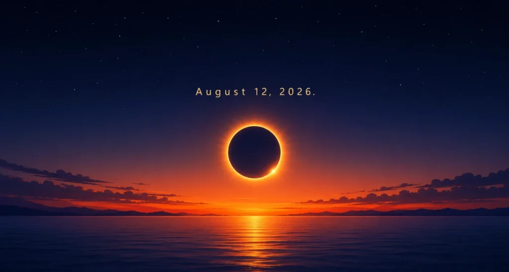 The total solar eclipse 2026 with the sun’s corona glowing low over the horizon