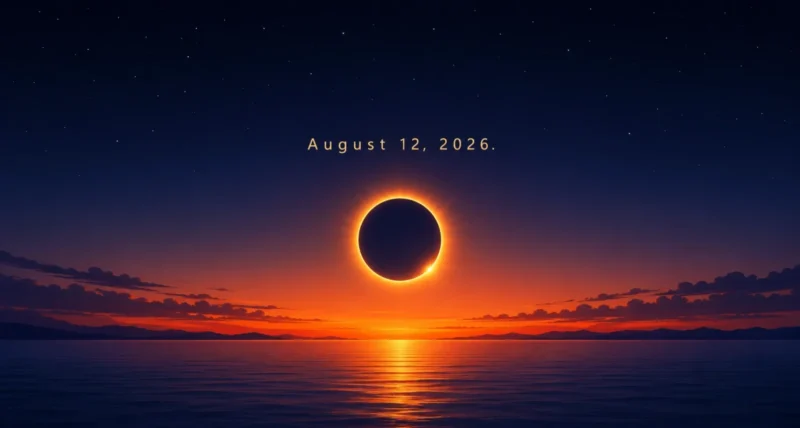 The total solar eclipse 2026 with the sun’s corona glowing low over the horizon