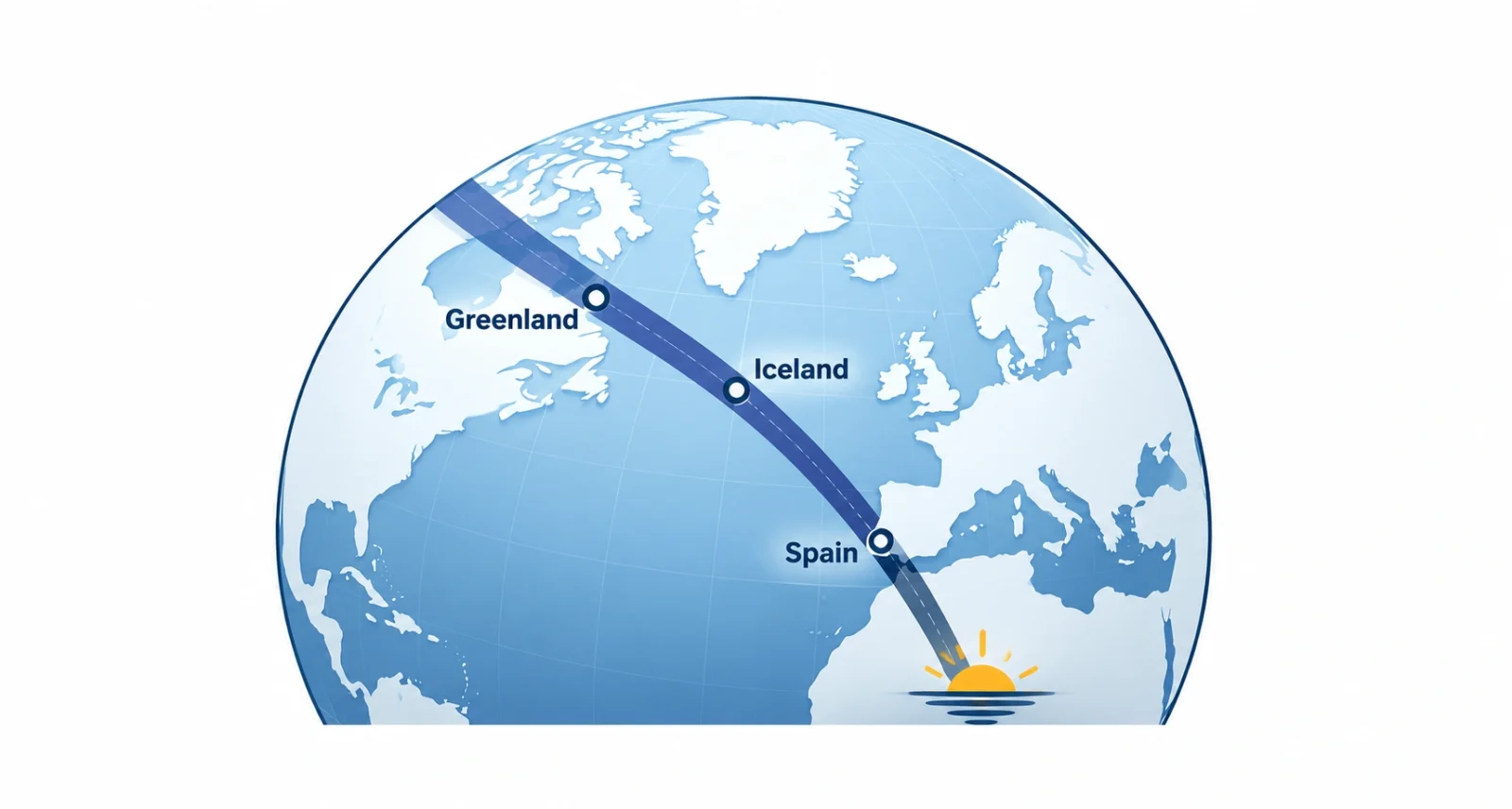 The total solar eclipse 2026 path of totality from Greenland and Iceland to Spain
