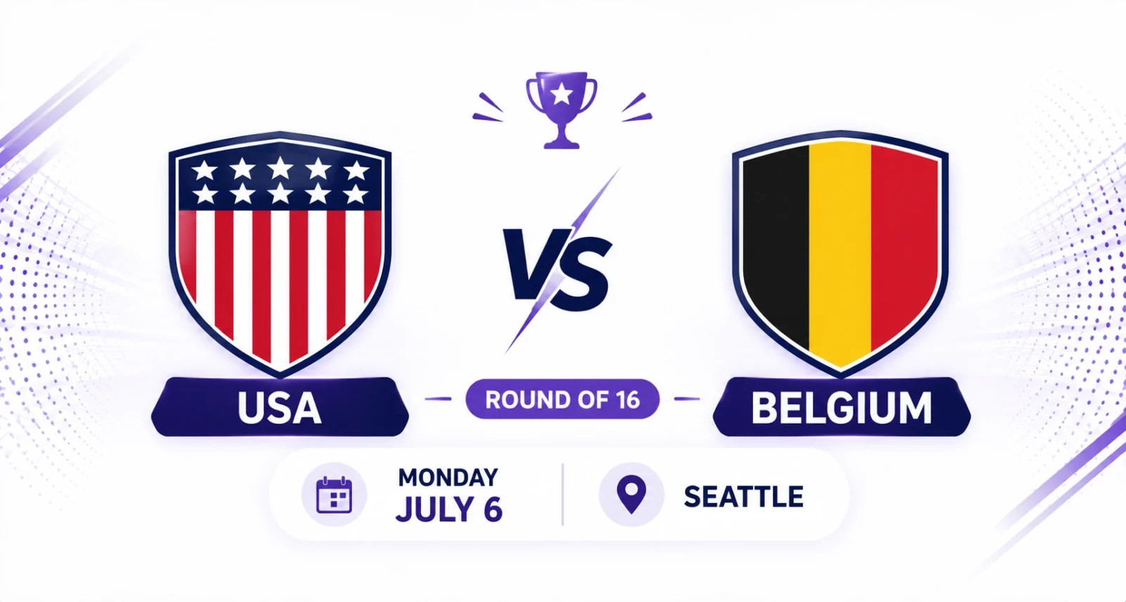 USA vs Belgium Round of 16 match card for July 6 in Seattle
