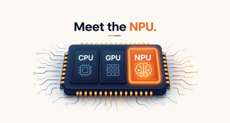 What is an NPU shown as a labeled block on a computer chip beside the CPU and GPU