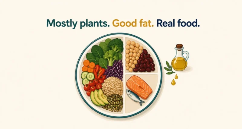 What is the Mediterranean diet shown as a plate of vegetables, grains, beans and fish